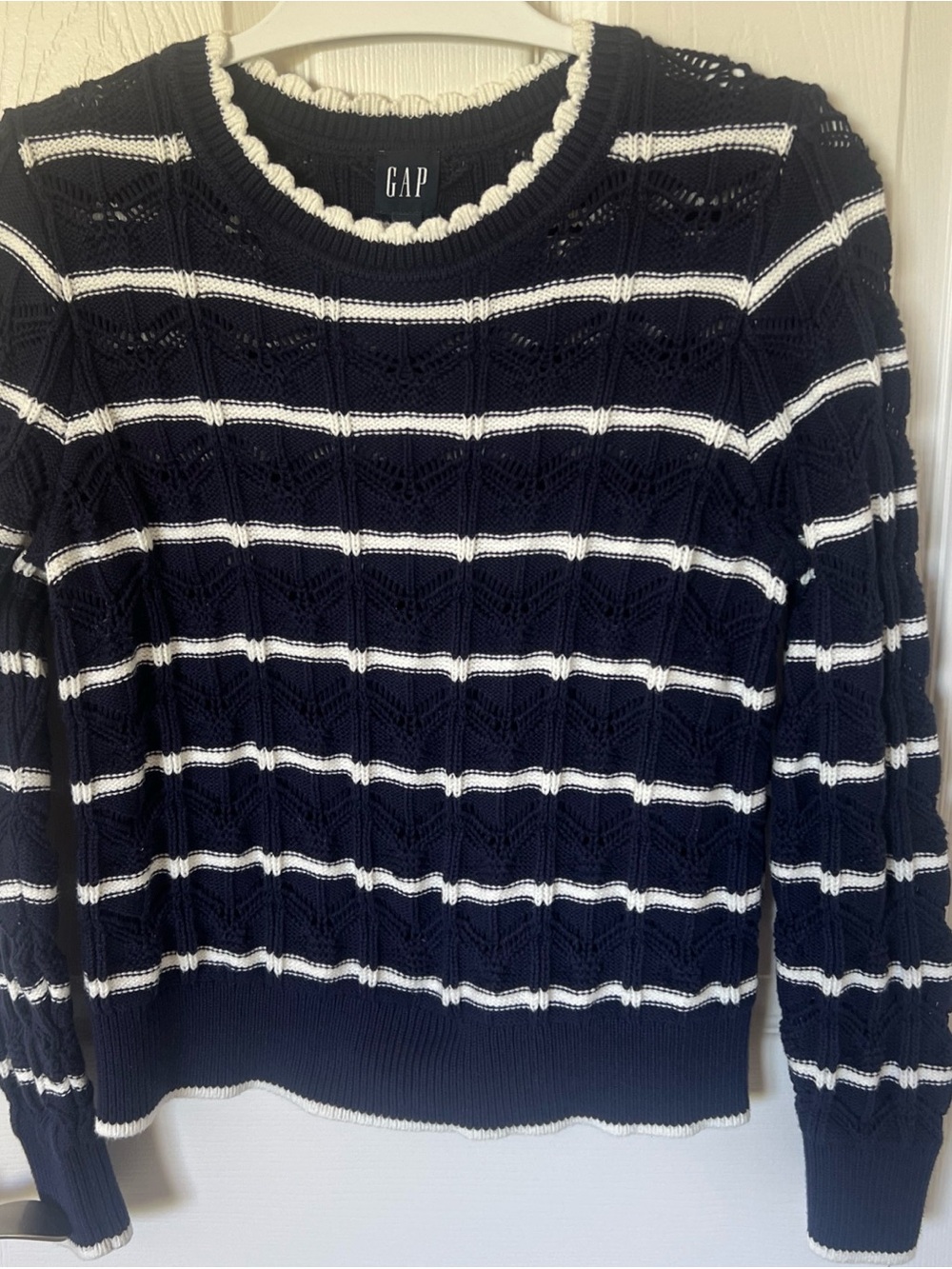 GAP Navy and White Openwork Stripe Crewneck Sweater
